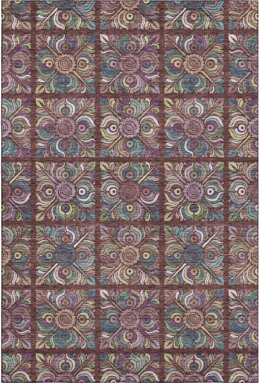 Rust Purple And Teal Medallion Washable Area Rug With UV Protection Photo 1