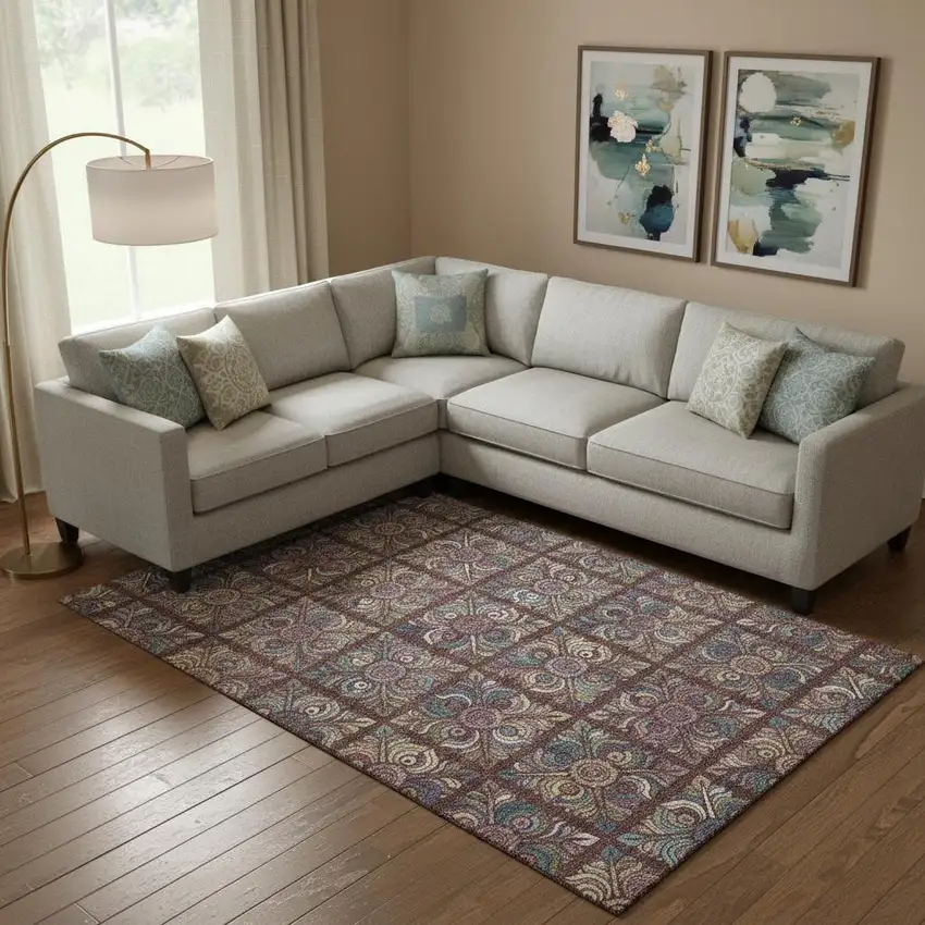 Rust Purple And Teal Medallion Washable Area Rug With UV Protection Photo 1