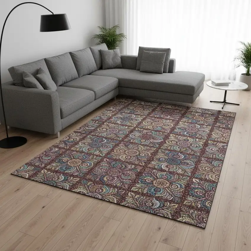 Rust Purple And Teal Medallion Washable Area Rug With UV Protection Photo 2