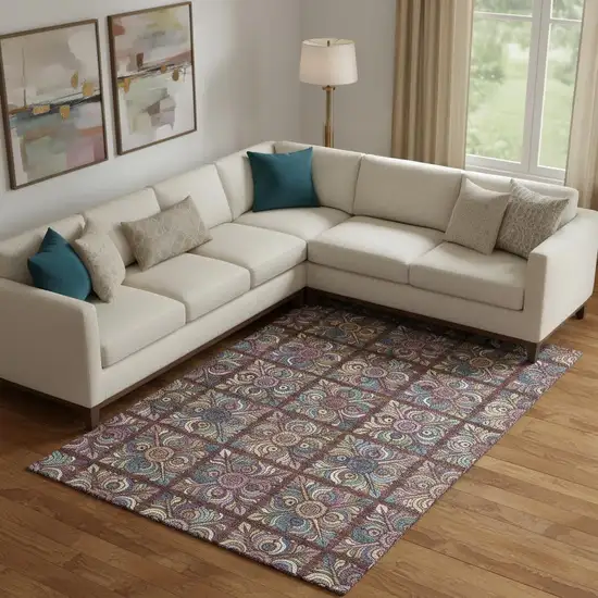 Rust Purple And Teal Medallion Washable Area Rug With UV Protection Photo 1