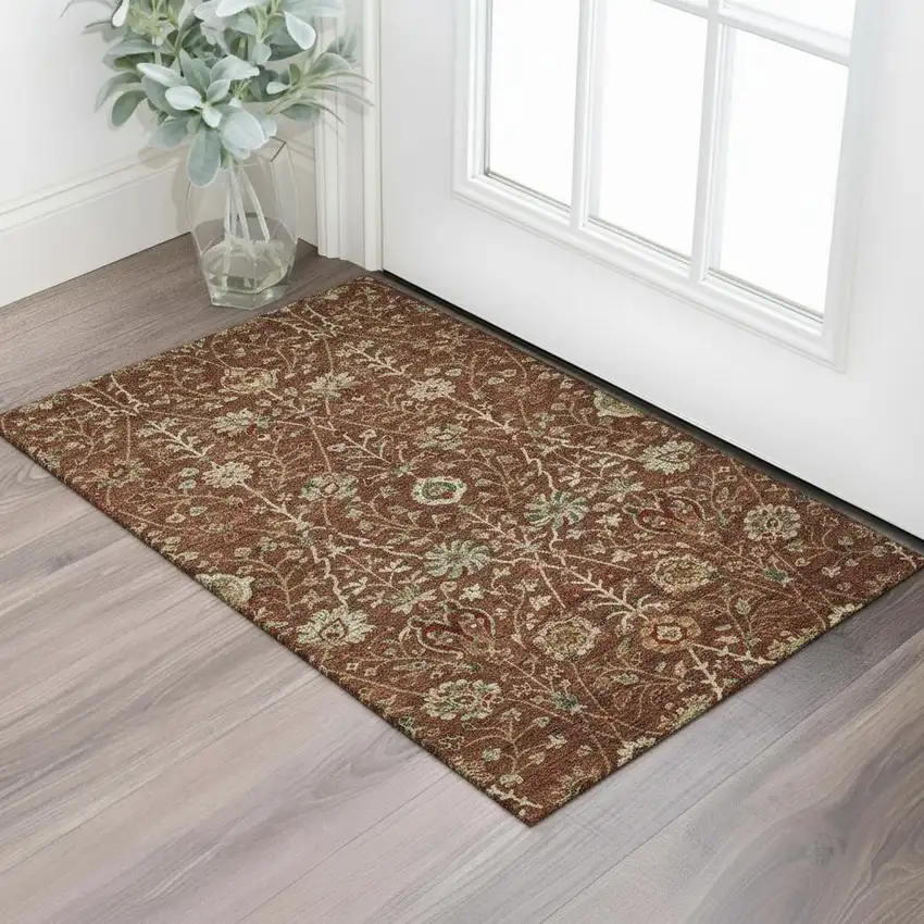 Rust Red And Beige Floral Washable Area Rug With UV Protection Photo 2