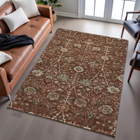 Rust Red And Beige Floral Washable Area Rug With UV Protection Photo 3