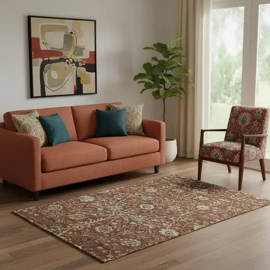 Rust Red And Beige Floral Washable Area Rug With UV Protection Photo 2
