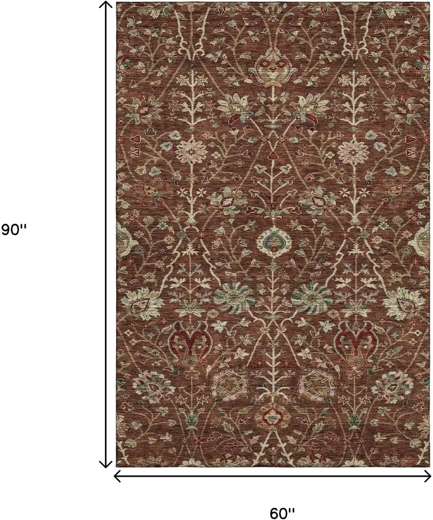 Rust Red And Beige Floral Washable Area Rug With UV Protection Photo 9