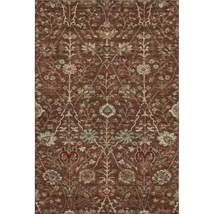 Photo of Rust Red And Beige Floral Washable Area Rug With UV Protection