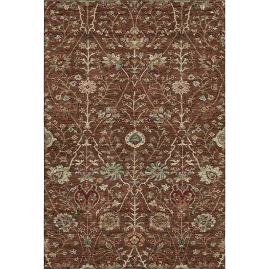 Rust Red And Beige Floral Washable Area Rug With UV Protection Photo 1