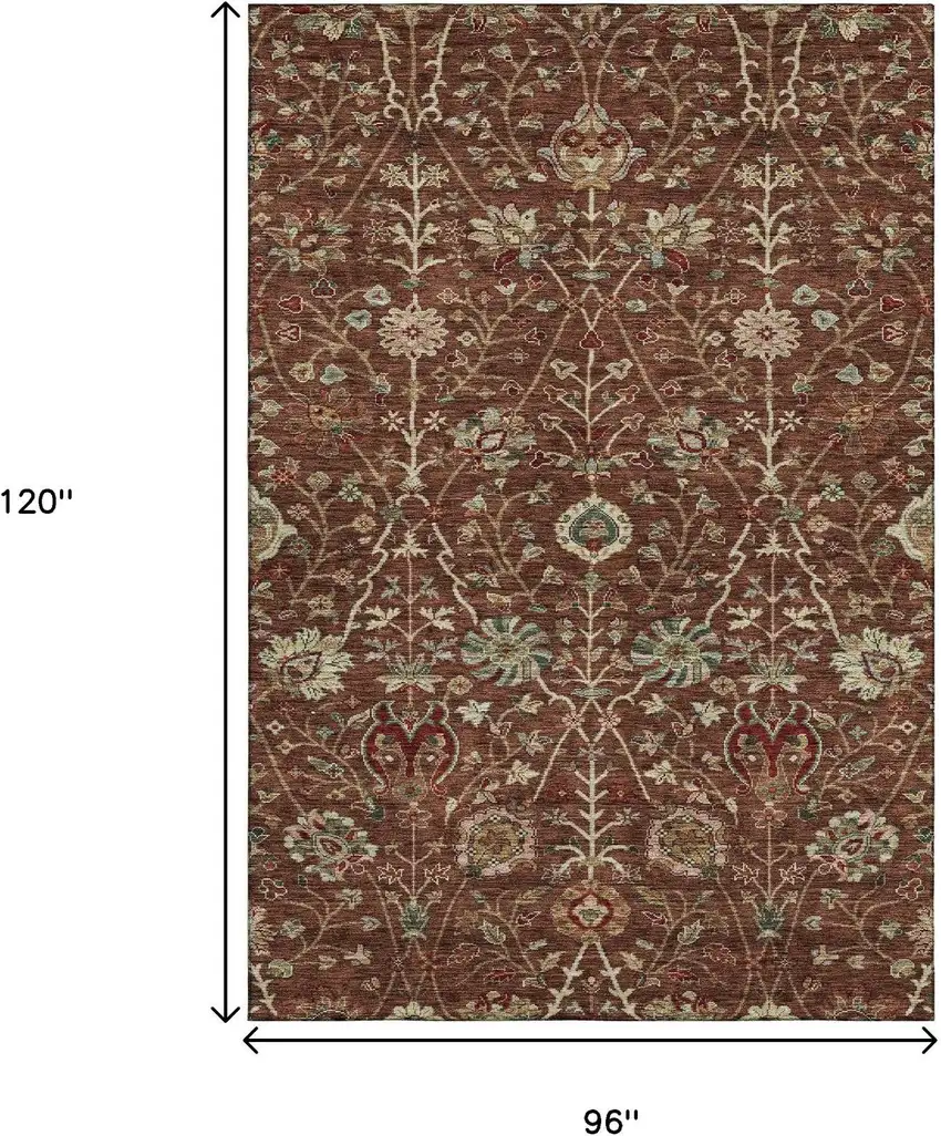 Rust Red And Beige Floral Washable Area Rug With UV Protection Photo 9