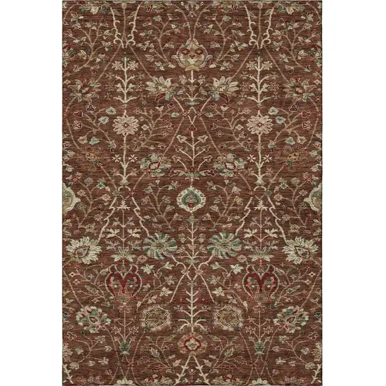 Rust Red And Beige Floral Washable Area Rug With UV Protection Photo 2