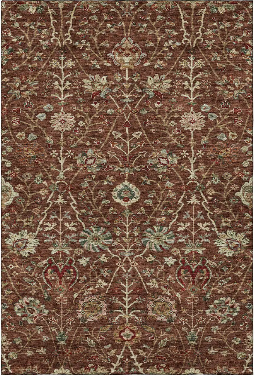 Rust Red And Beige Floral Washable Area Rug With UV Protection Photo 2