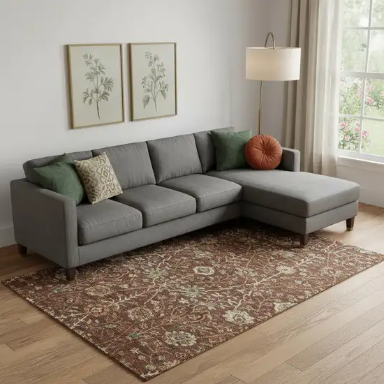 Rust Red And Beige Floral Washable Area Rug With UV Protection Photo 2