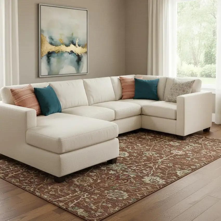 Rust Red And Beige Floral Washable Area Rug With UV Protection Photo 2