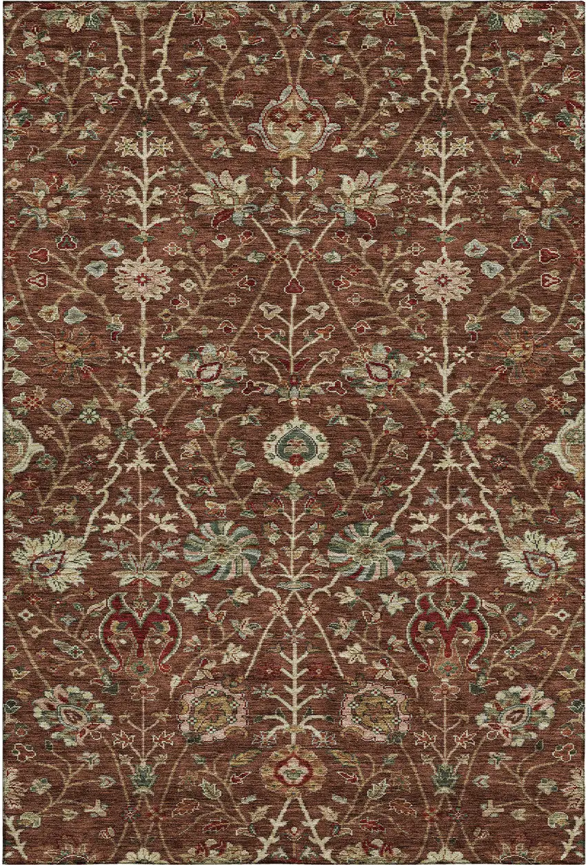 Rust Red And Beige Floral Washable Area Rug With UV Protection Photo 1