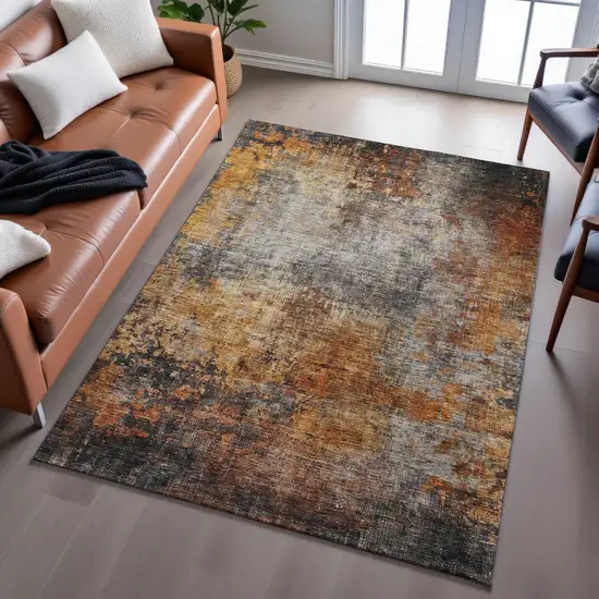 Rust Silver And Gray Abstract Washable Area Rug With UV Protection Photo 1