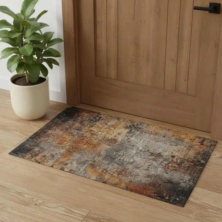 Rust Silver And Gray Abstract Washable Area Rug With UV Protection Photo 1