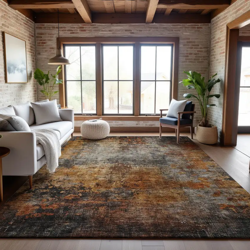 Rust Silver And Gray Abstract Washable Area Rug With UV Protection Photo 2