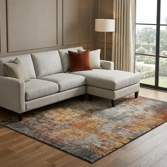 Rust Silver And Gray Abstract Washable Area Rug With UV Protection Photo 1