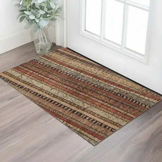 Rust Taupe And Gray Striped Washable Area Rug With UV Protection Photo 2