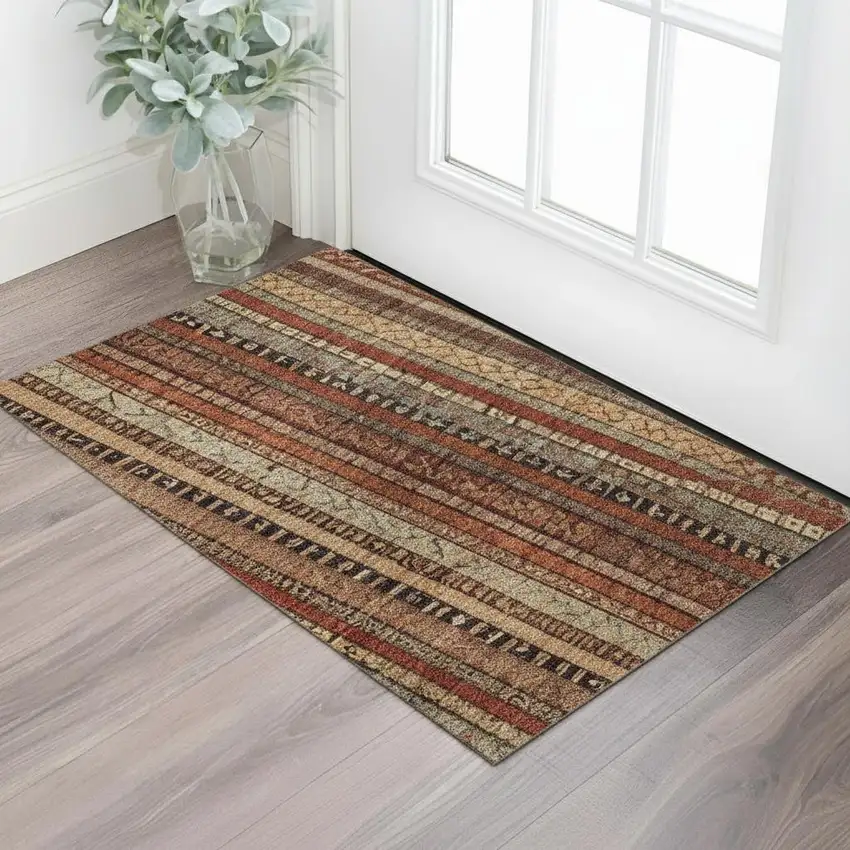 Rust Taupe And Gray Striped Washable Area Rug With UV Protection Photo 2