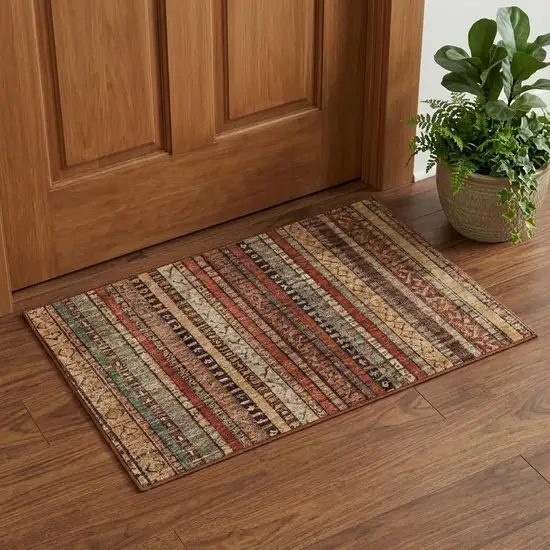 Rust Taupe And Gray Striped Washable Area Rug With UV Protection Photo 1
