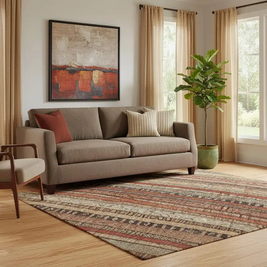 Rust Taupe And Gray Striped Washable Area Rug With UV Protection Photo 2