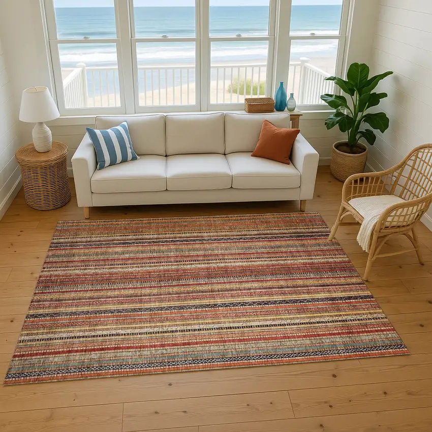 Rust Taupe And Gray Striped Washable Area Rug With UV Protection Photo 4