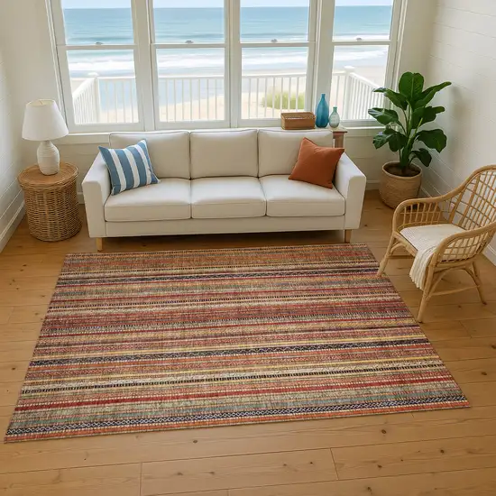 Rust Taupe And Gray Striped Washable Area Rug With UV Protection Photo 3