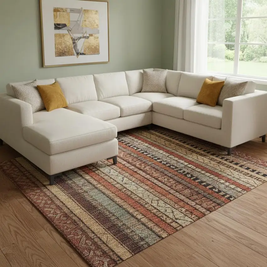 Rust Taupe And Gray Striped Washable Area Rug With UV Protection Photo 2