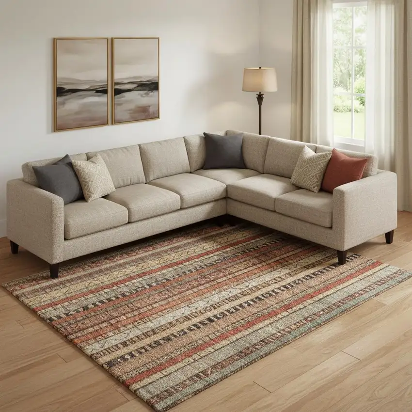 Rust Taupe And Gray Striped Washable Area Rug With UV Protection Photo 2