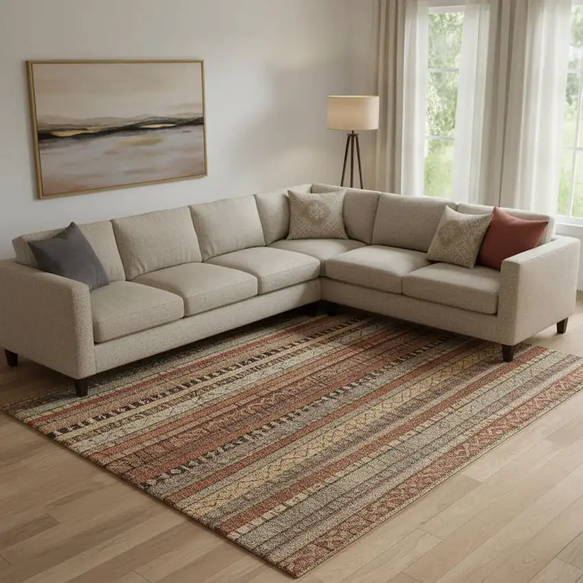 Rust Taupe And Gray Striped Washable Area Rug With UV Protection Photo 2