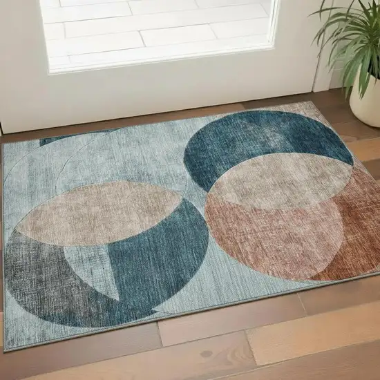 Rust Teal And Beige Geometric Washable Area Rug With UV Protection Photo 2