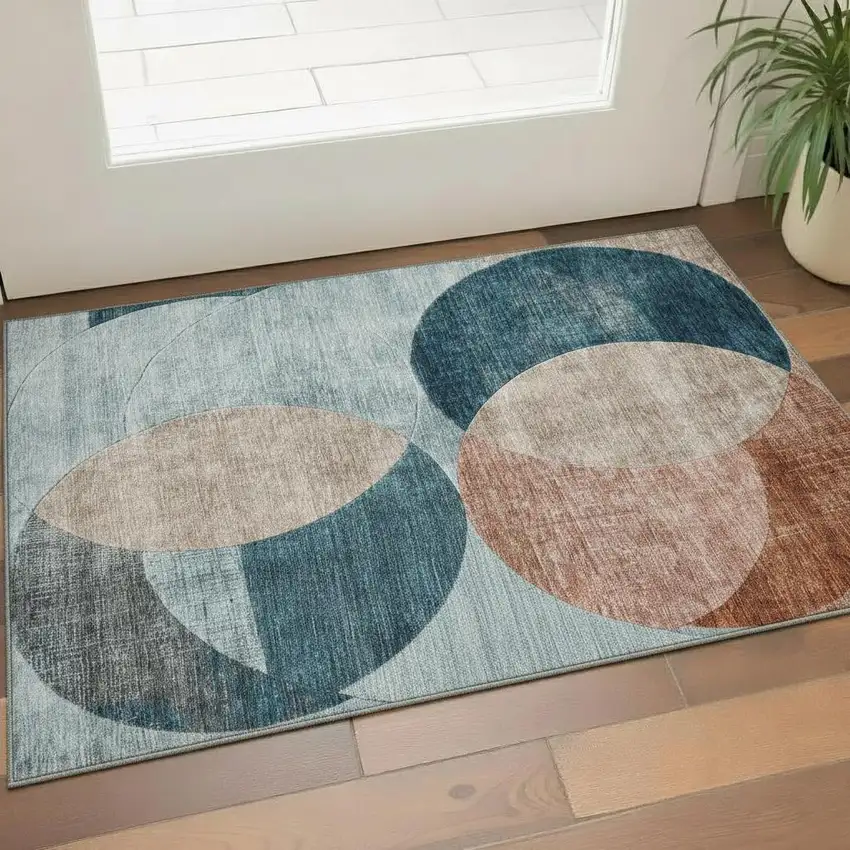 Rust Teal And Beige Geometric Washable Area Rug With UV Protection Photo 2