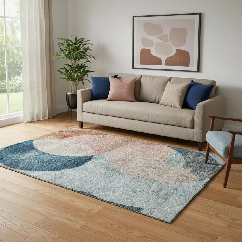 Rust Teal And Beige Geometric Washable Area Rug With UV Protection Photo 2