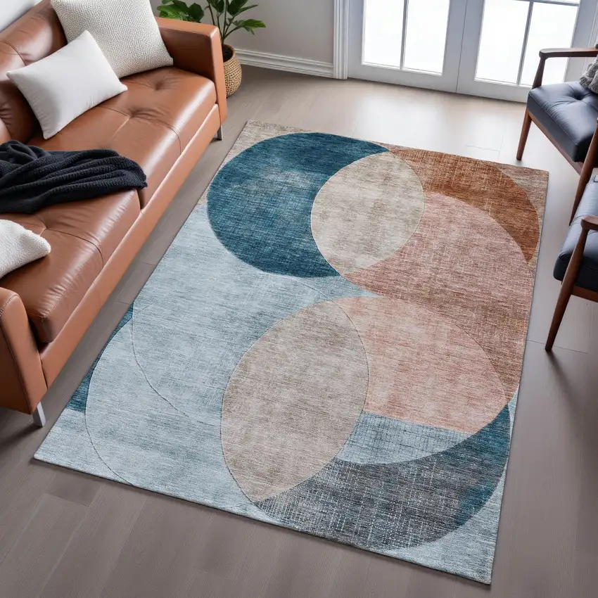 Rust Teal And Beige Geometric Washable Area Rug With UV Protection Photo 5
