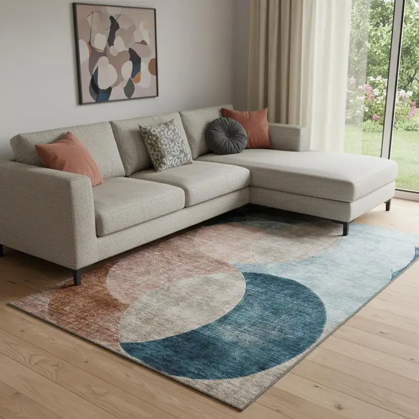 Rust Teal And Beige Geometric Washable Area Rug With UV Protection Photo 2