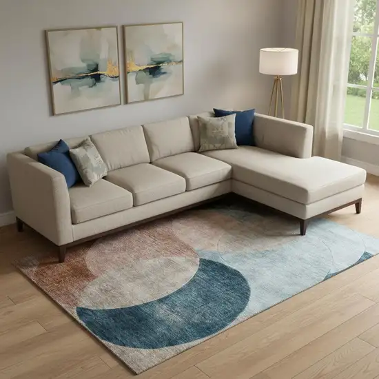 Rust Teal And Beige Geometric Washable Area Rug With UV Protection Photo 2