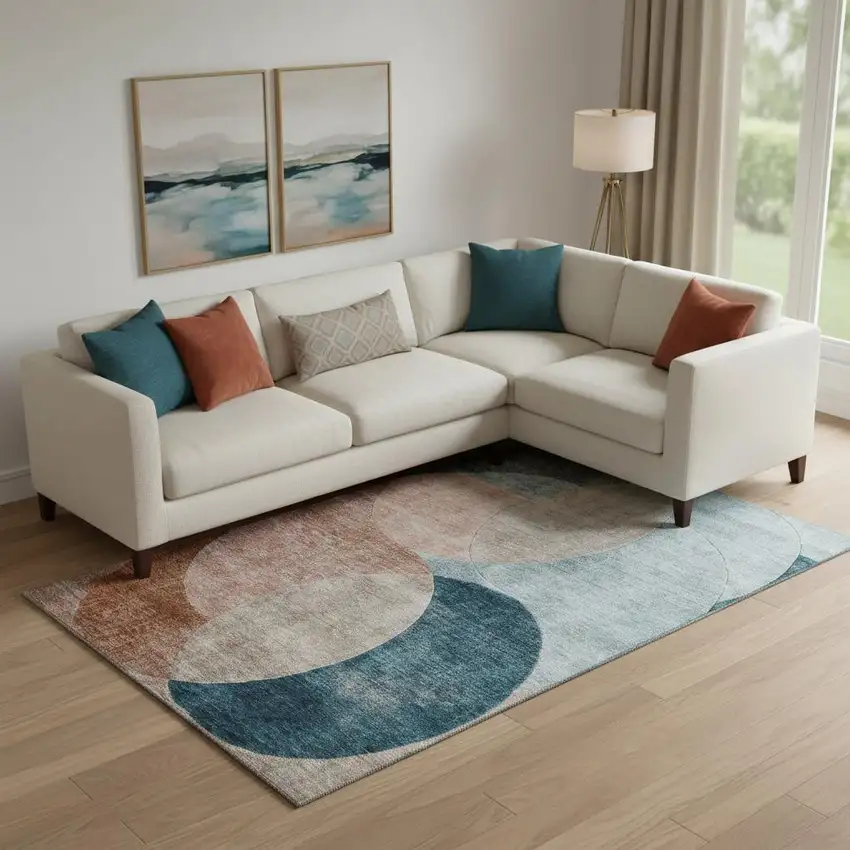 Rust Teal And Beige Geometric Washable Area Rug With UV Protection Photo 2