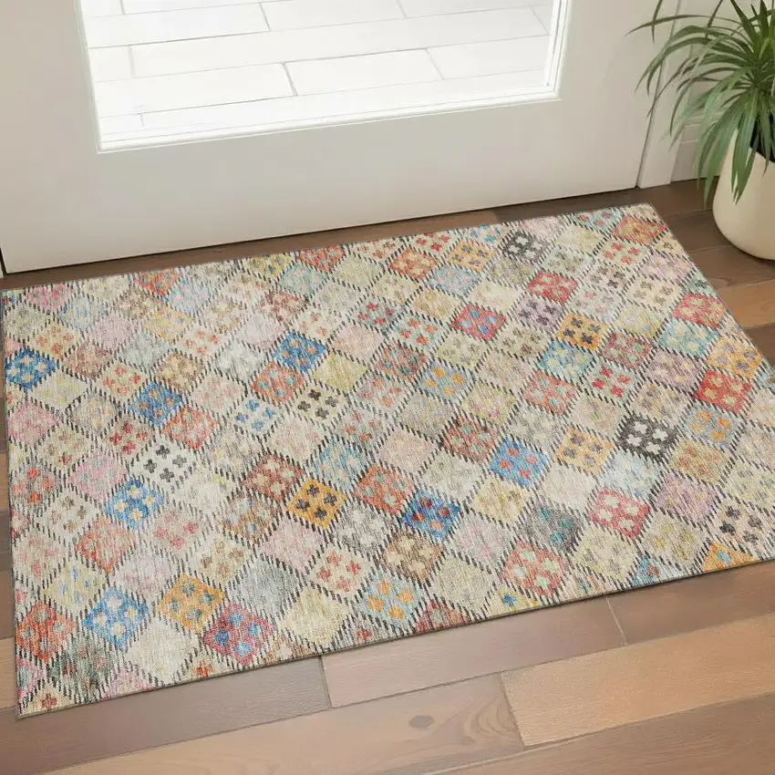 Rust Teal And Brown Geometric Washable Area Rug With UV Protection Photo 1