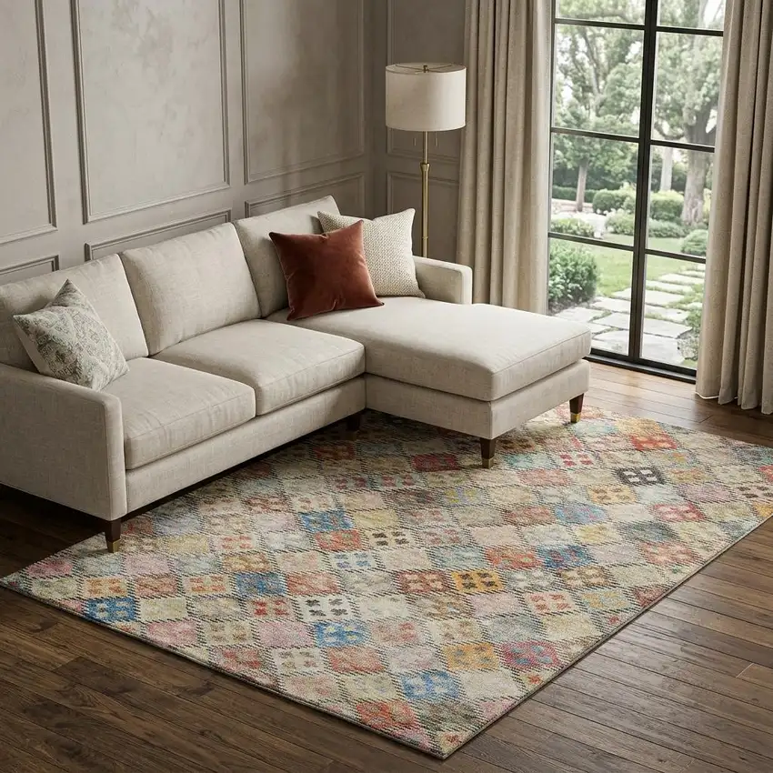 Rust Teal And Brown Geometric Washable Area Rug With UV Protection Photo 1