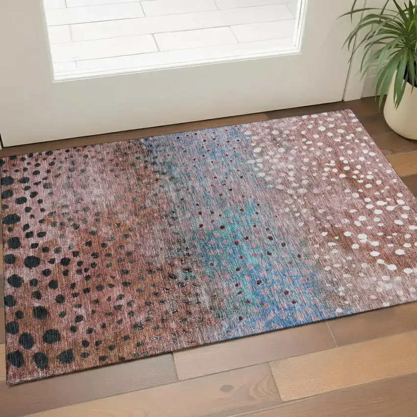 Rust Teal And Ivory Polka Dot Washable Area Rug With UV Protection Photo 1