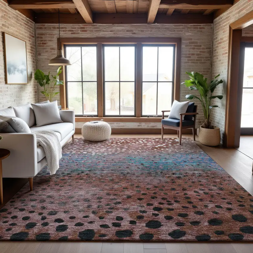 Rust Teal And Ivory Polka Dot Washable Area Rug With UV Protection Photo 4