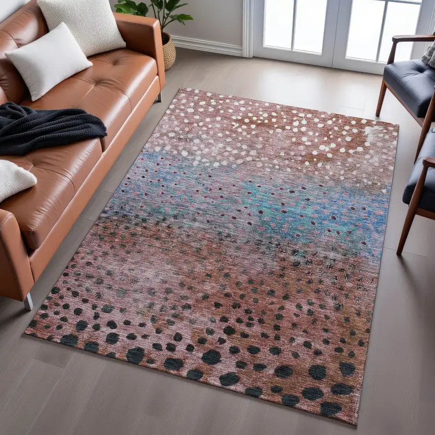 Rust Teal And Ivory Polka Dot Washable Area Rug With UV Protection Photo 5