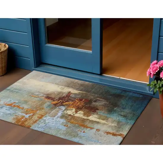 Rust Teal Blue And Beige Abstract Washable Indoor Outdoor Area Rug Photo 2