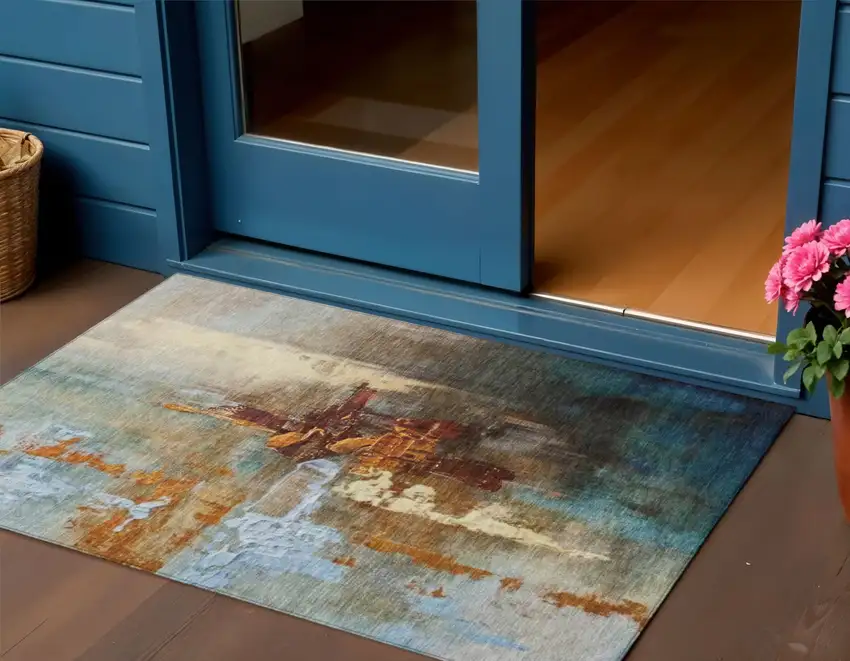 Rust Teal Blue And Beige Abstract Washable Indoor Outdoor Area Rug Photo 2