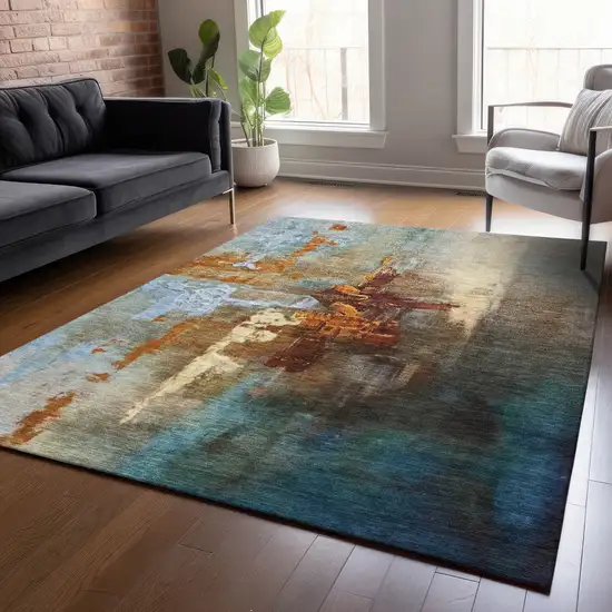 Rust Teal Blue And Beige Abstract Washable Indoor Outdoor Area Rug Photo 8