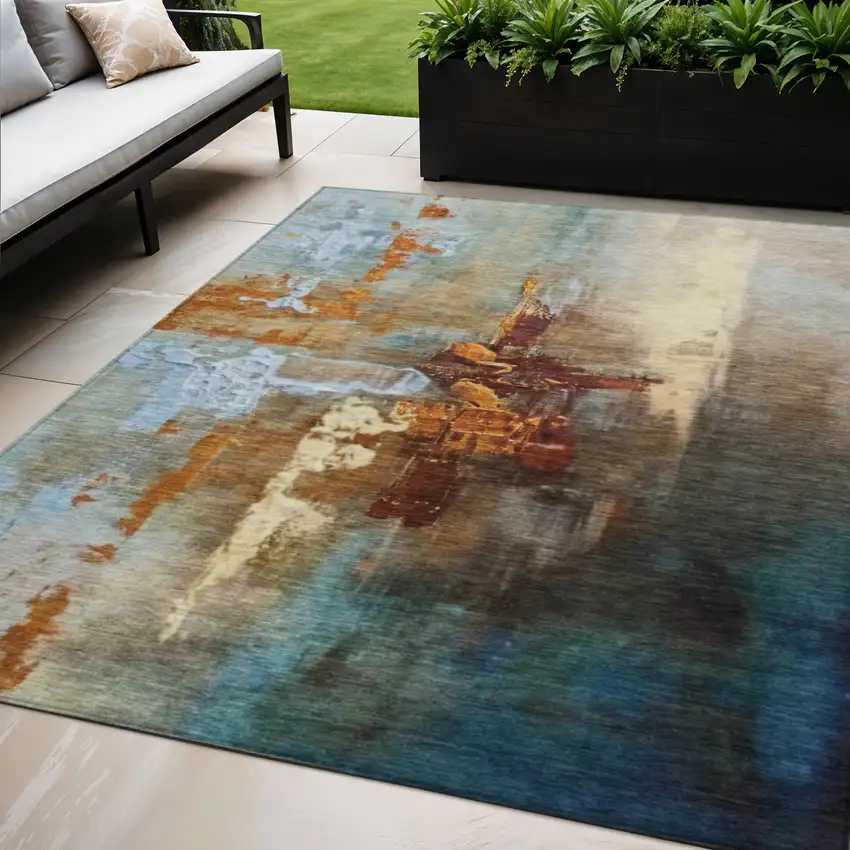 Rust Teal Blue And Beige Abstract Washable Indoor Outdoor Area Rug Photo 2