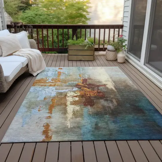 Rust Teal Blue And Beige Abstract Washable Indoor Outdoor Area Rug Photo 7