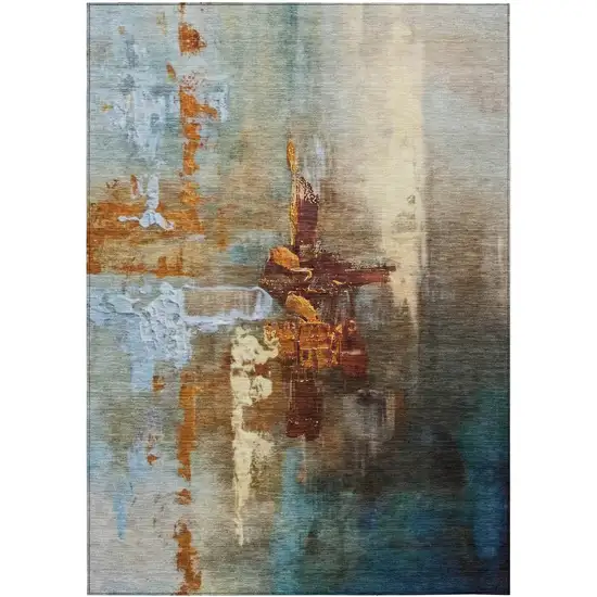 Rust Teal Blue And Beige Abstract Washable Indoor Outdoor Area Rug Photo 1