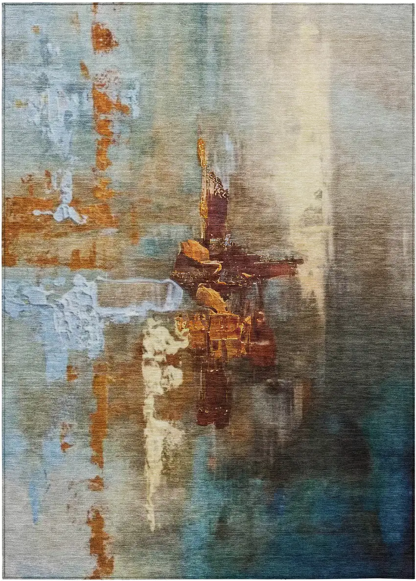 Rust Teal Blue And Beige Abstract Washable Indoor Outdoor Area Rug Photo 1