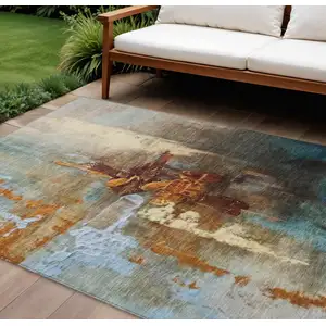 Photo of Rust Teal Blue And Beige Abstract Washable Indoor Outdoor Area Rug