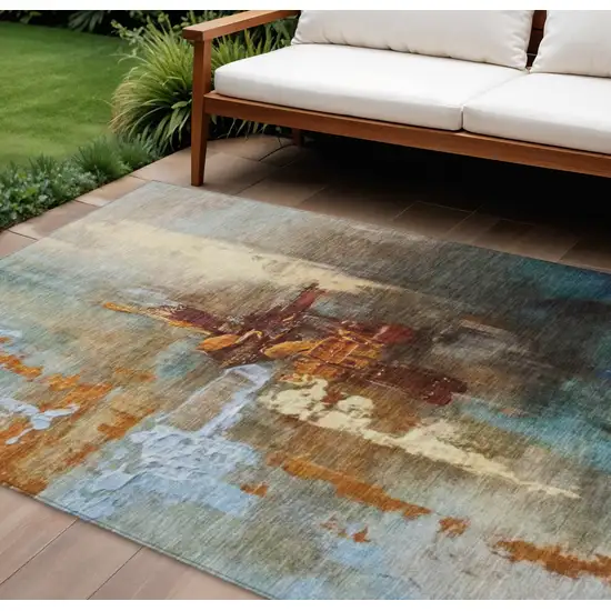 Rust Teal Blue And Beige Abstract Washable Indoor Outdoor Area Rug Photo 2